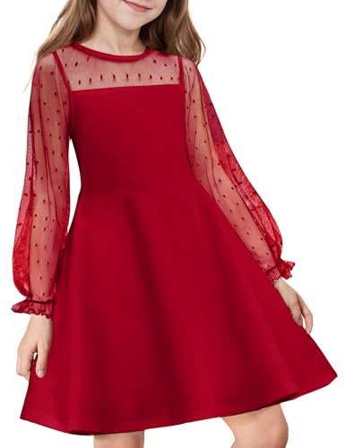 Flypigs Kids Polka Dots Mesh Long Sleeve Red Christmas Elegant A Line Short Dresses with Pockets for 10-11 Years