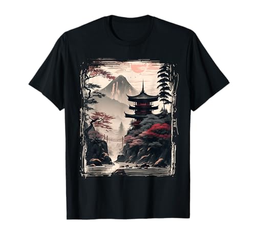 Vintage Japanese Flower Tee Mountain View Landscape Graphic T-Shirt