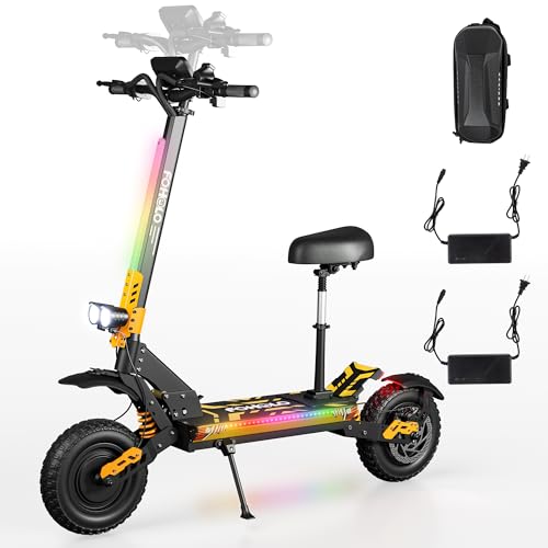 60V Electric Scooter Adults 5600W Dual Motors Top Speed 47MPH, 60V 21Ah Range 55 Miles, 12" All-Terrain Tires Foldable FastScooter with Seat, E-Scooter for Mountains, Off-Road, Road (Yellow)