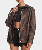 Casly Lamiit Women's Brown Leather Jacket Faux Oversized Zip Up Lapel Coat Motorcycle Bomber Jackets Fall Fashion Outfits Clothes Medium