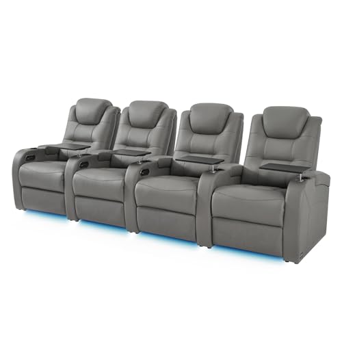 comfiroom Leather Home Theater Seating, Simple Style Dual Power Electric Headrest Game Seats Leather Movie Theater Chairs Recliner Sofa with Type-C USB Charger (Grey, Row of 4)