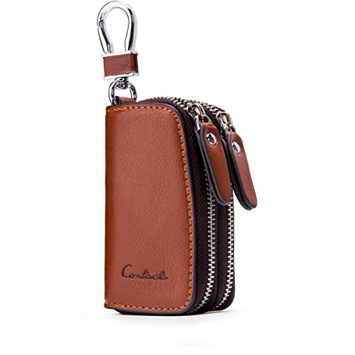 Contacts-Genuine Leather Car Key Keychain Holder Metal Hook and Keyring Zipper