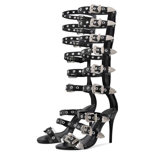 richealnini Sexy Heels for Women Knee High Gladiator Sandals Buckle Studded Rings Black Gladiator Heels for Women Dressy Sparkle Open Toe Kitten Heeled Sandals Silver Belt Straps Punk Size 10
