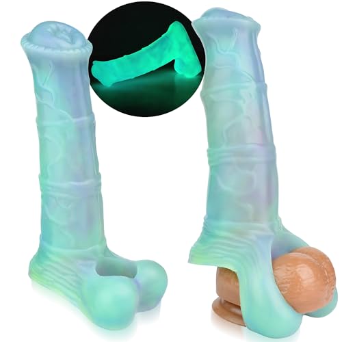 Horse Penis Sleeve for Men, 7.8inch Thick Luminous Silicone Monster Penis Dildo Grith Extender with Penis Ring Ejaculation Delay for Couples
