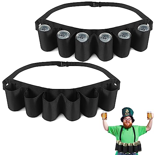 Jiuguva 2 Pcs 6 Pack Beer Belt Holder for Men 6 Cans Beer Can Holder for Drinking Adjustable Black Drinking Accessories for Halloween Christmas Men Women Outdoor Camping Hiking Picnic Party