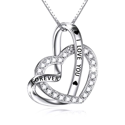 Cuoka I Love You Forever Necklace 925 Sterling Silver Love Heart Pendant,Cubic Zirconia Love Necklace Heart Jewelry for Women Mom Wife