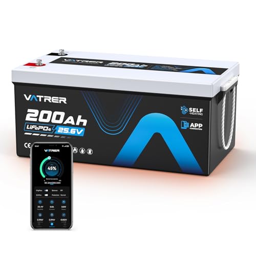 VATRER POWER 24V 200AH Bluetooth Low/High Temp Cutoff LiFePO4 Lithium Battery with Self-Heating, Built-in 200A BMS, Rechargeable Battery with 5.12kW for RV/Camper, Solar Home & Off-Grid Setup, Backup