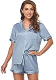 Serenedelicacy Women's Satin Pajama Set 2-Piece Sleepwear Loungewear Button Down Short Sleeve Silky PJ Set (Medium, Dusty Blue)