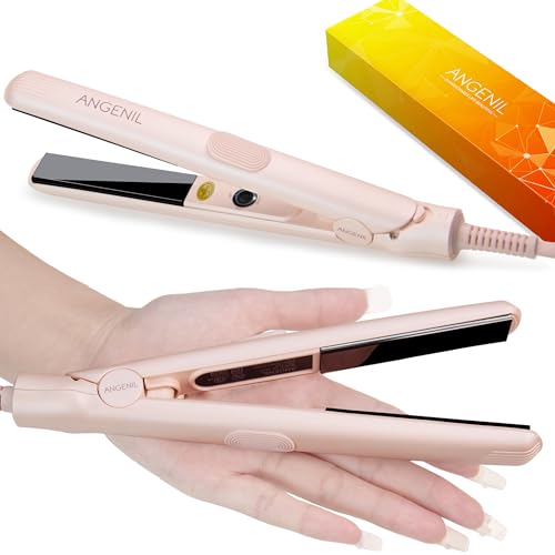 ANGENIL Pro Titanium Ceramic Small Flat Iron for Short Hair, Mini Dual Voltage Hair Straightener 0.7 inch, Small Pink Flat Iron Edges, Anti-Scald Silicone Heat Resistant, 3 Temp (280℉- 320℉ -380℉)