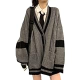 Women's Harajuku Korean Style Loose V-Neck Button Knit Cardigan Preppy Jacket Gray