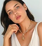 POMINA Chunky Coin Fashion Gold Necklace Trendy Statement Toggle Necklaces Women Antique Gold Coin Pendant Thick Link Chain Layered Gold Necklaces for Women (Worn Gold)