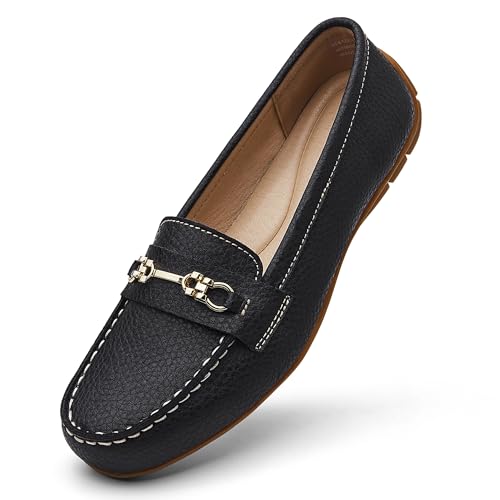 KORDAL Women's Comfortable & Lightweight Black Leather Loafers Slip-Ons Driving Mocs Walking Shoes Cute Business Casual Dress Shoes Work Flats for Women 8 M US
