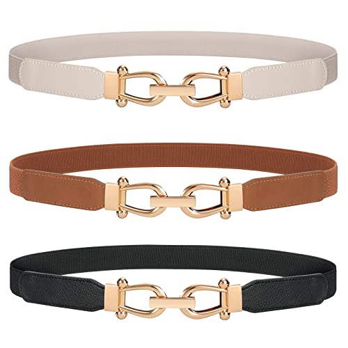 JASGOOD 3 Pack Women Stretchy Waist Belt Retro Elastic Skinny Belt for Ladies with Gold Buckle