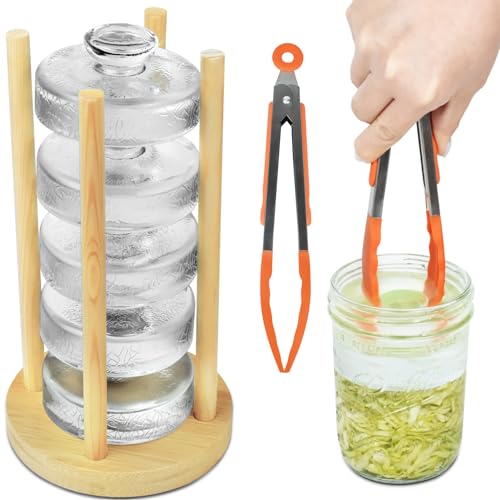 Artcome 5-Pack Glass Fermentation Weights with Easy Grip Handle and Unique Texture Design for Large Wide Mouth Mason Jars - Pickle Pebbles with Glass Weights Organizer - Space Saving Compact Design