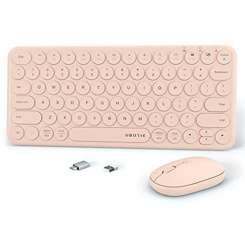 Mini Computer Wireless Keyboard and Mouse Combo, UBOTIE Colorful Compact Silent Linear Switch Round Keycaps TKL Keyboards with Optical Mouse for Travel Business(Pink)