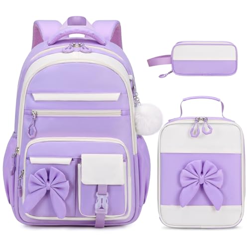 DIGOBAY Backpack for Girls, 3PCS Girls Backpack for School with Lunch Bag Pencil Case, Cute Kids Teens Bookbag for Kindergarten Elementary Preschool Middle School (Purple)