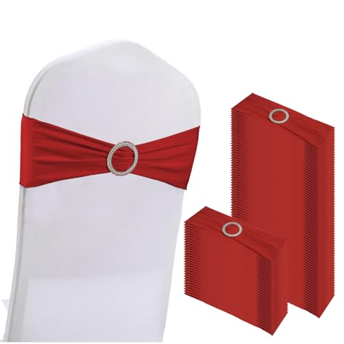 WJWHQ 100PCS Spandex Stretch Chair Sashes Bows Elastic Chair Cover Bands Ties with Buckle Slider for Wedding Party Reception Events Universal Ceremony Banquet Decorations(Red)