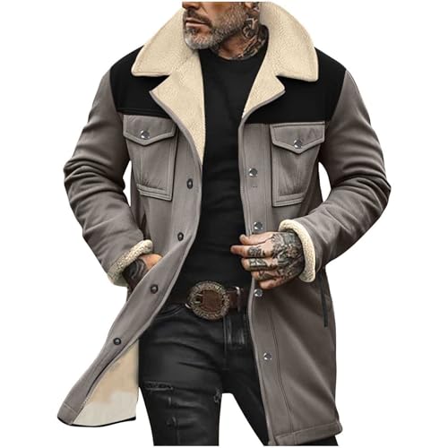 Men's Faux Shearling Sherpa Lined Overcoat Retro Faux Suede Trench Coat Notched Collar Pea Coat Button Down Outerwear chaketas para hombre de invierno