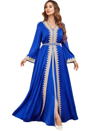 Pohullan Women Arabian Two-Piece Evening Dress Muslim Kaftan Morocco Arabic Islam Robe Dubai Abaya Blue XXL