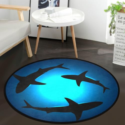 keepcute Cute Animal Sharks Doormat Blue Ocean Round Area Rug Floor Mat Non Slip Absorbent Carpet Yoga Rug for Bedroom Living Room Sofa Entryway Home Decor, 5' Diameter