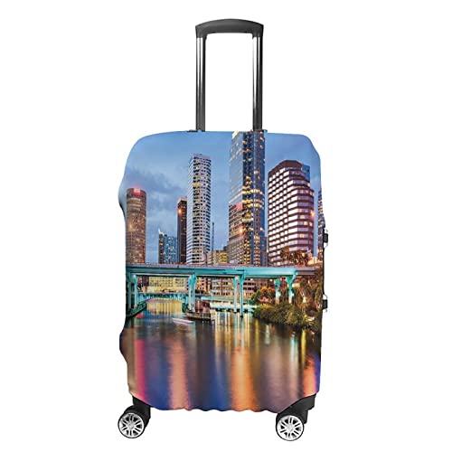 Washable Luggage Cover, City Travel Suitcase Cover, Hillsborough River Tampa Florida USA Downtown Idyllic Evening at, Fits 26-28 Inch Luggage, Washable Dustproof Anti-Scratch, Multicolor