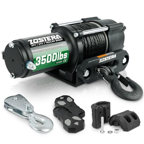 Zostera 3500lbs ATV/UTV Winch with Synthetic Rope, Electric Boat Trailer Winch 12V, Waterproof Winch with 2 Wireless Remotes &Wired Switch,with Mounting Plate,Pulley,Rope Damper,Aluminium Fairlead