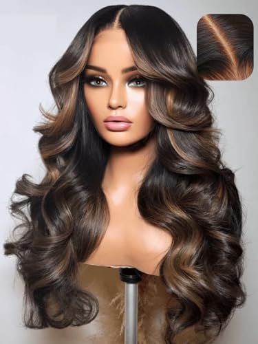 UNICE Bye Bye Knots Glueless Wig 7x5 Pre Cut Lace Front Wig Espresso Brown with Highlights Loose Wave Human Hair Put on and Go Wig Pre Plucked Bleached Invisible Knots 180% Density 24 Inch