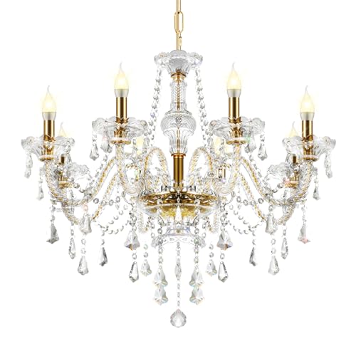 Ridgeyard Gold Color Luxurious Candle Crystal Chandelier Modern Chandelier Light Fixture Crystal Pendant Raindrop Chandelier Glass Ceiling Pendant Lamp,10 Lights