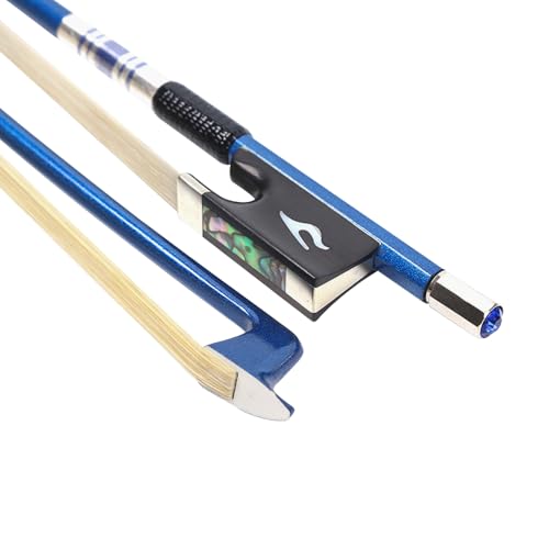YoungMonic Violin Bow 4/4 Full Size 3 Color Carbon Fiber Violin Bow Ebony Bow Head Flower Tail Library Mother-Of-Pearl Inlay Lightweight Violin Bow Unbleached Premium Mongolian White Horsehair (blue)