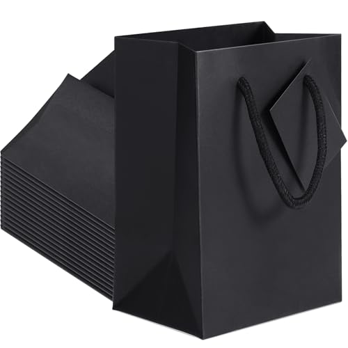 Sherr 50 Pcs Black Gift Bags with Handles Tags 5.3 x 3.7 x 8.1 Inches Small Glossy Paper Bags Bulk Wedding Birthday Baby Shower Party Favor Gifts