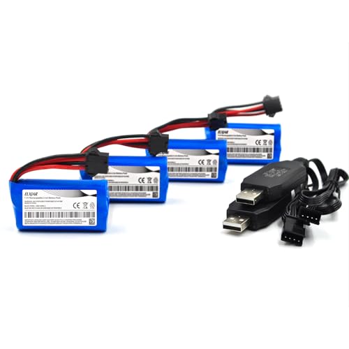 elxjarpower (4-Pack) 7.4V 700mAh 14500 Li-ion Battery with SM-4P Plug and USB Charger Cable for RC Boat Car Gel Blaster Remote Control Toys