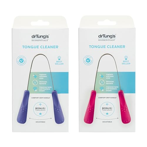 DrTungâ€™s Stainless Tongue Scraper - Tongue Cleaner for Adults, Kids, Helps Freshens Breath, Easy to Use Comfort Grip Handle, Comes with Travel Case - Stainless Steel Tongue Scrapers (2 Count)