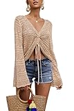 FERBIA Women Crochet Top Beach Cloth Drawstring Shirt Cover Up Oversized Sexy Beachwear Lace Up Tee Poncho (Apricot, Small)