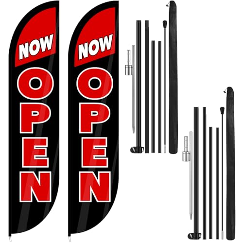 Preboun 2 Sets 12 ft Now Open Feather Flags Pole Kit for Business Advertising Feather Sign with Poles and Ground Spikes Open Flags Banner for Store Outside Signs(Black)