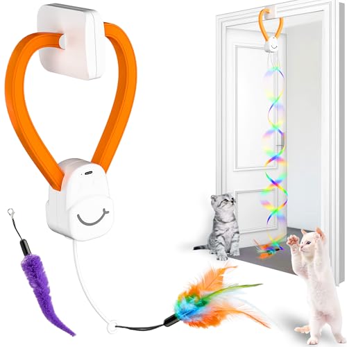 PANRIO Interactive Cat Toy,Automatic Cat Toy for Indoor Cats,Hanging Door Clip Ribbon 360° Rotation,Feather & Rainbow Cat Stimulating Ribbons Cat Toys for Bored Adult/Kitten Exercise