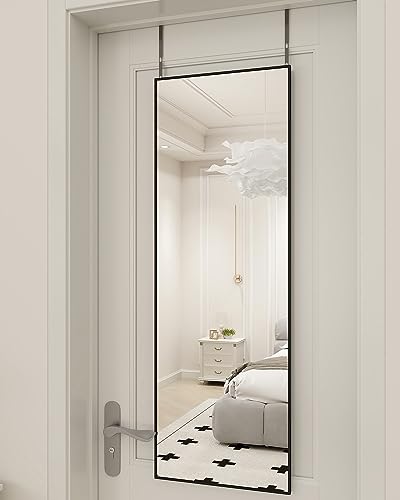 BEAUTYPEAK 16" x 50" Adjustable Height Over The Door Mirror, Full Length Hanging Door Mirror with Shatterproof Tempered Glass Aluminum Alloy Frame for Bedroom, Living Room, Bathroom, Dorm, Black
