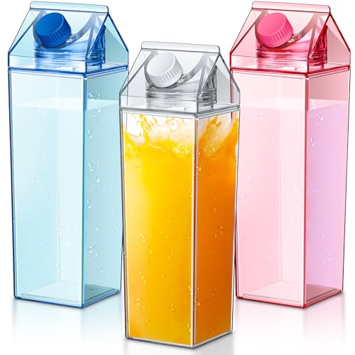 Remerry 3 Pcs 34oz Milk Carton Water Bottle Square Milk Bottle Plastic Coffee Milk Carton Bottle Portable Reusable Milk Carton Cup Leakproof Carton Shaped Juice Bottle (Pink, Blue, Clear)