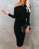 Fall Dress for Womens Off The Shoulder Batwing 3/4 Sleeve Casual Pencil Summer Fall Midi Bodycon Party Dress Black X-Large