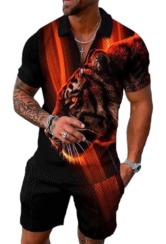 Black Orange Light Tiger S Mens Short Sets 2 Piece Outfits Polo Shirt Fashion Summer Tracksuits Casual Set Short Sleeve and Shorts Set for Men