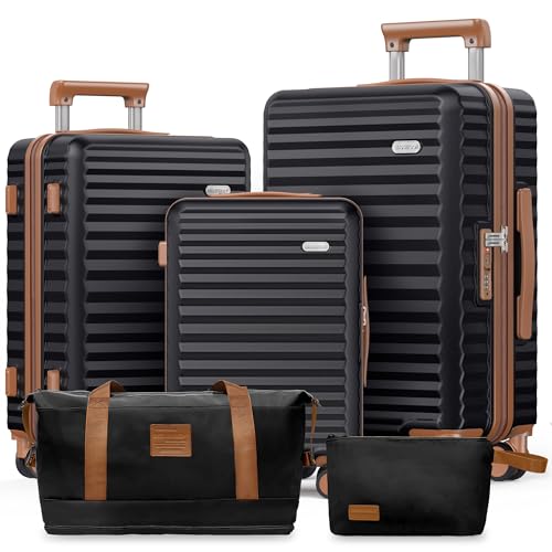 SHOWKOO Luggage Sets 3 Piece Hardside Expandable Suitcase with Double Spinner Wheels Tsa Lock, (Black, 5 piece set)