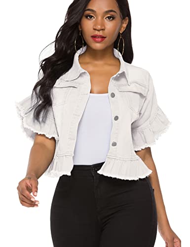 Suvimuga Women's Denim Jacket Button Down Distressed Ruffle Sleeve Crop Jean Jackets Coat White M