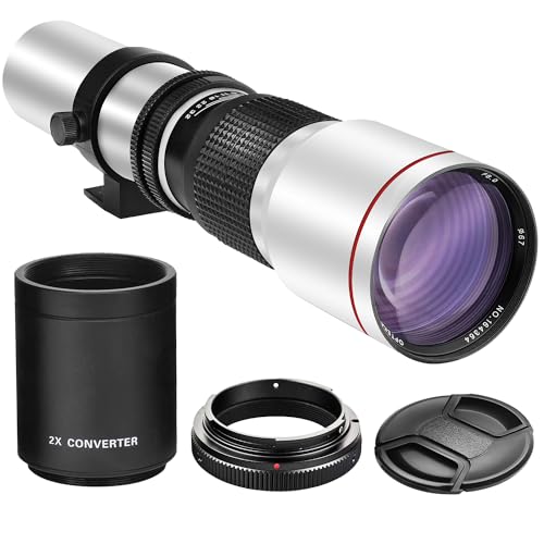 High-Power 500mm/1000mm f/8 Manual Telephoto Lens for Nikon D500, D600, D610, D700, D750, D800, D810, D850, D3100, D3200, D3300, D3400, D3500, D5000, D5200, D5300, D5500, D5600 D7100 D7200 D7500 WHITE