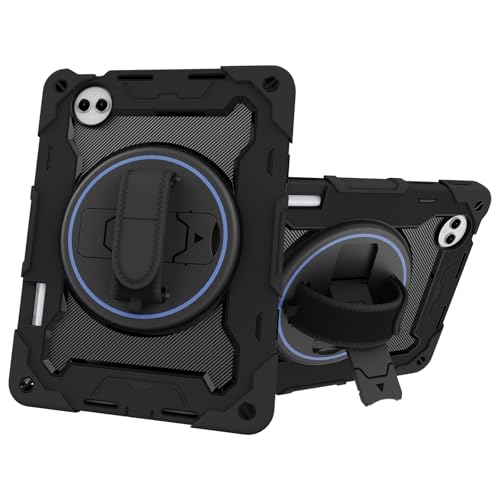 Heavy Duty Protection Kids Case for Huawei MatePad Pro 12.2" (2024),Multi-Angle Elastic Bracket+360° Adjustable Swivel Hand Strap Three-in-one Shatter-Resistant Shell, Drop-Proof,Shoulder Strap(Black)