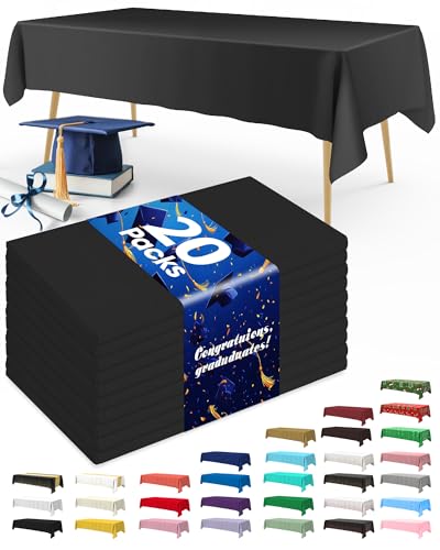 Pureegg Plastic Table Cloth Disposable 20 Pack, 54 x 108 Inch Table Cloths, Graduation Decorations Class of 2025, Graduation Party Tablecloths, Rectangle, Plastic Cover, Leakproof & Sturdy, Black
