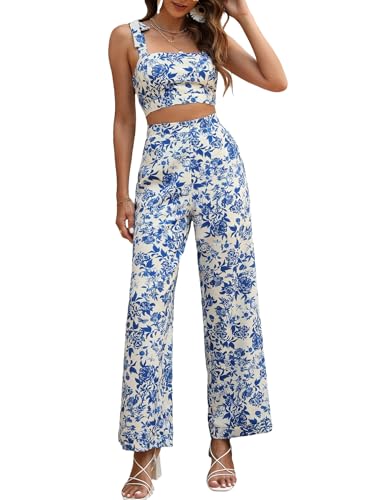 Floerns Women's 2 Piece Summer Boho Floral Print Knot Shoulder Zip Back Crop Cami Top and Maxi Pants Set Blue White Flower XS