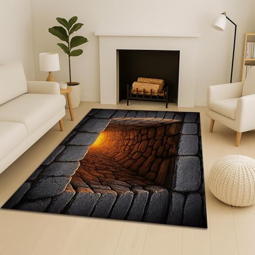 3D Optical Illusion Brick Tunnel Corridor Area Rug 4x6 ft, Cobblestone 3D Tunnel Carpet for Living Room, Bedroom Home Décor