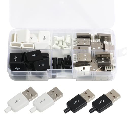 Teansic 20 Sets USB 2.0 Male Connector with Plastic Cover,USB Type A 4 Pin Male Solder Connector for DIY(10 Set Black + 10 Set White)