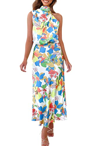 PRETTYGARDEN Women's 2025 Summer Satin Dress Elegant Sleeveless Mock Neck Cocktail Party Maxi Dresses (Print Multicolored,Medium)