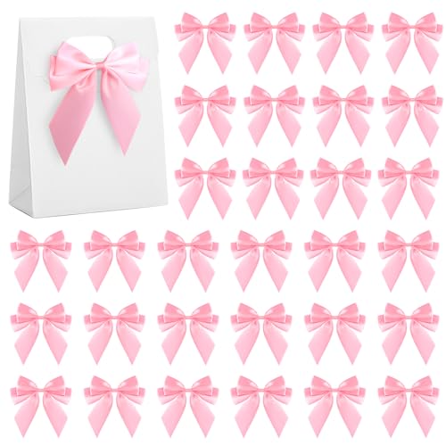 30 Pcs Satin Ribbon Pink Bows Decor 5.5" Large Premade Pink Ribbon Bows for Gift Wrapping Cakae Gift Baskets Treat Bags Party Favors Wedding Decorations