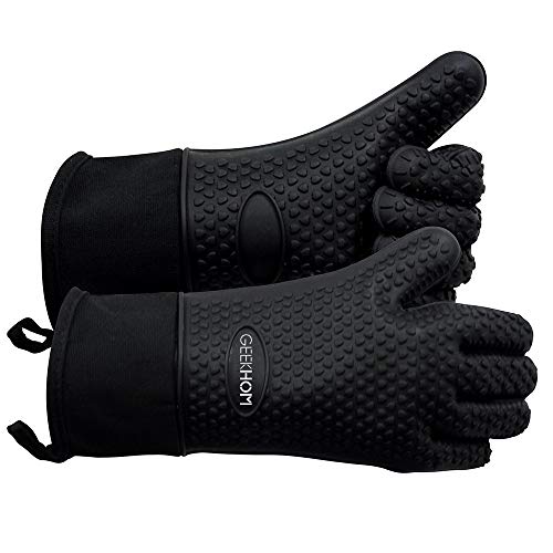 GEEKHOM BBQ Gloves, Grilling Gloves Heat Resistant Oven Gloves, Kitchen Silicone Oven Mitts, Long Waterproof Non-Slip Pot Holder for Barbecue, Cooking, Baking, Black